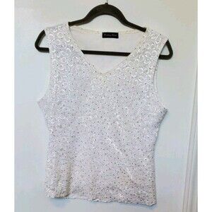 Brittany Black XL White Floral Rhinestone Gllitter Tank Top V neck Coquette